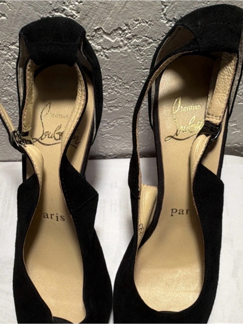 Christian Louboutin Black Suede Peep-Toe Slingback Pumps